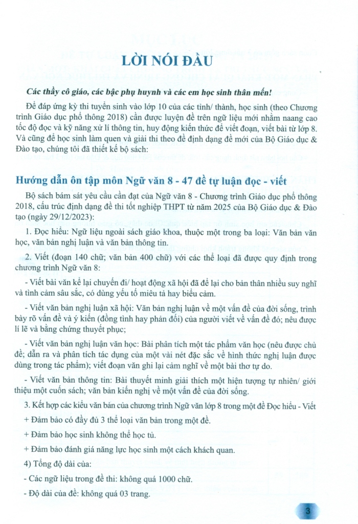 HƯỚNG DẪN ÔN TẬP MÔN NGỮ VĂN LỚP 8 - 47 ĐỀ TỰ LUẬN ĐỌC - VIẾT (Theo định dạng mới của Bộ GD-ĐT; Tiền đề cho kì thi vào lớp 10; Dùng chung cho 3 bộ SGK hiện hành)